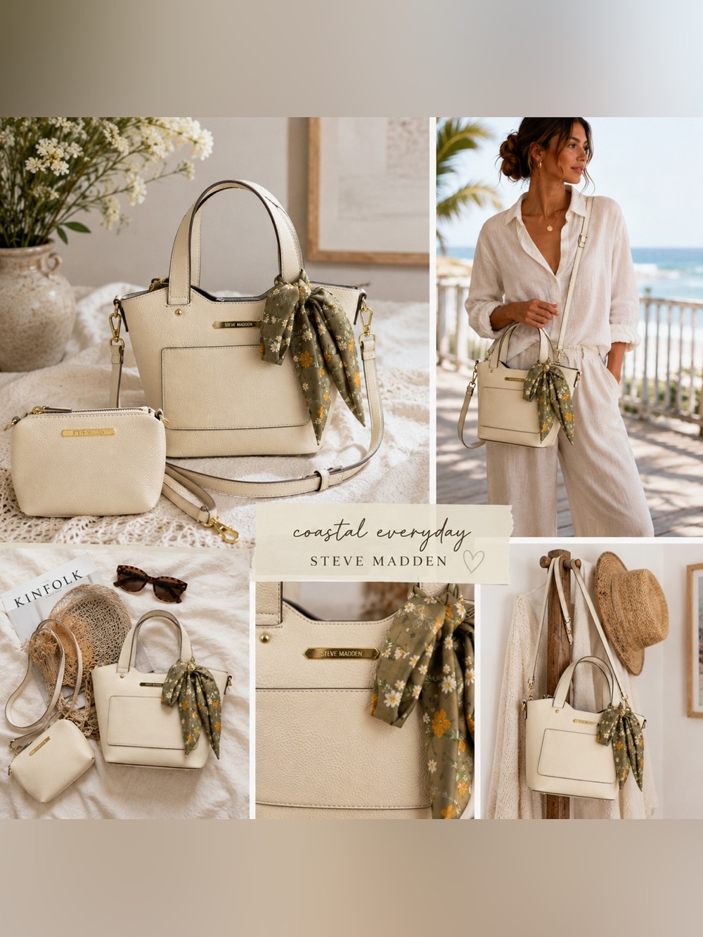Steve Madden Cream Tote with Floral Scarf Accent
